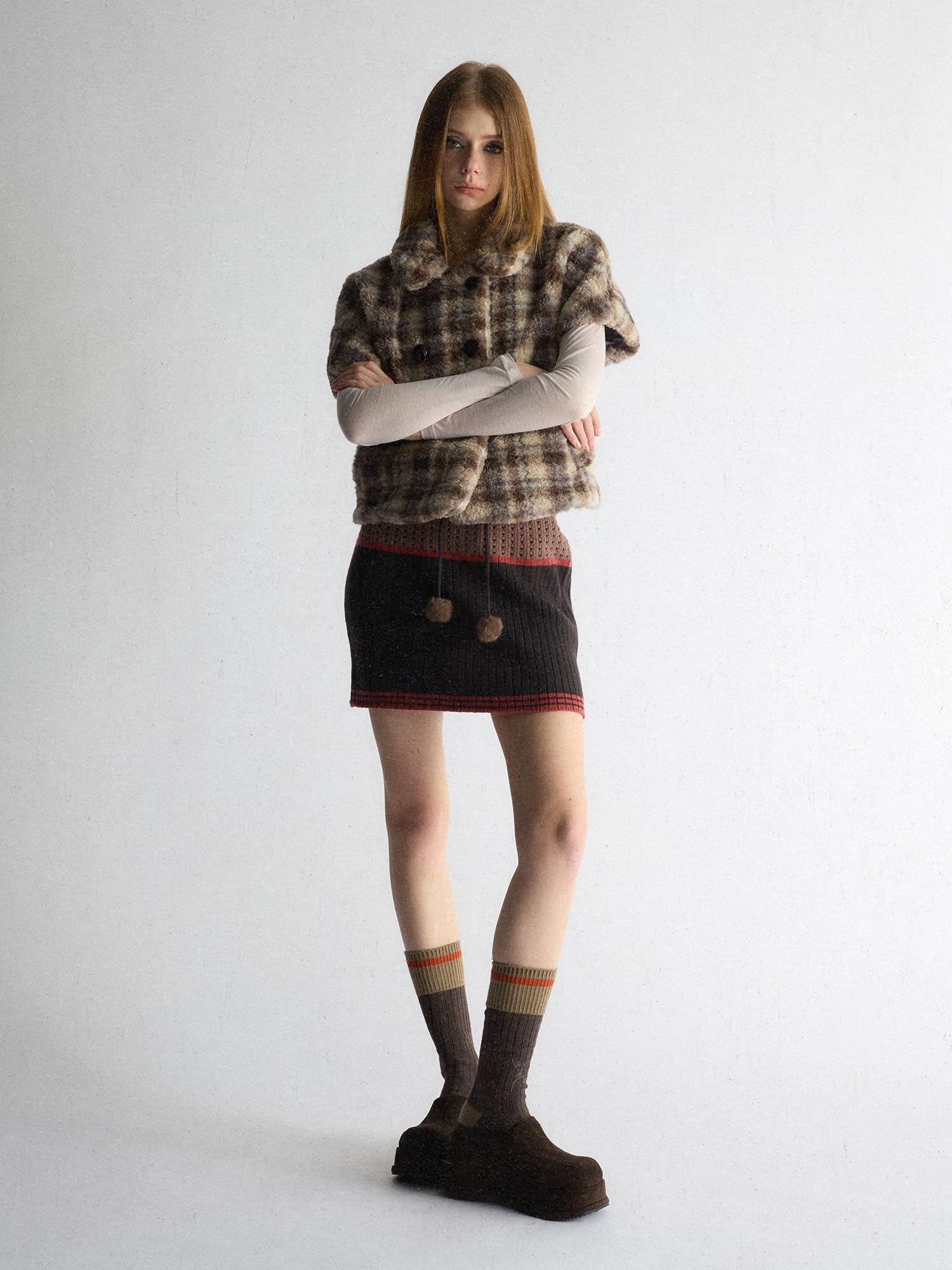UNIVERSE Vintage Plaid Sherpa Double Breasted Cropped Short Sleeve Women's Vests