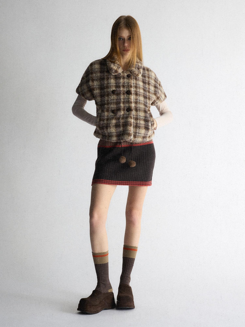 UNIVERSE Vintage Plaid Sherpa Double Breasted Cropped Short Sleeve Women's Vests