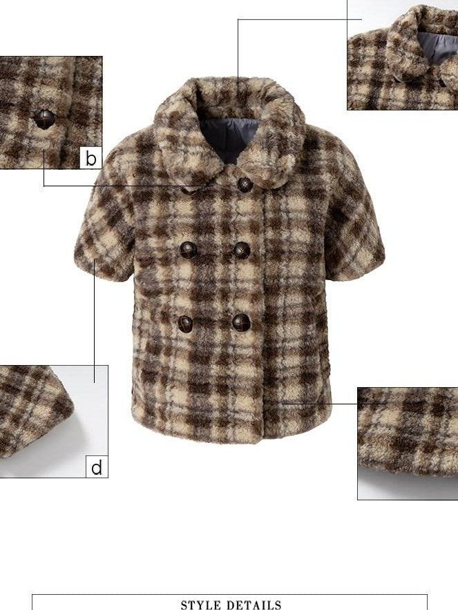 UNIVERSE Vintage Plaid Sherpa Double Breasted Cropped Short Sleeve Women's Vests