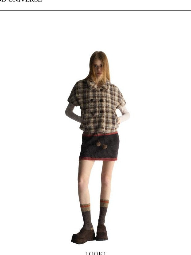 UNIVERSE Vintage Plaid Sherpa Double Breasted Cropped Short Sleeve Women's Vests