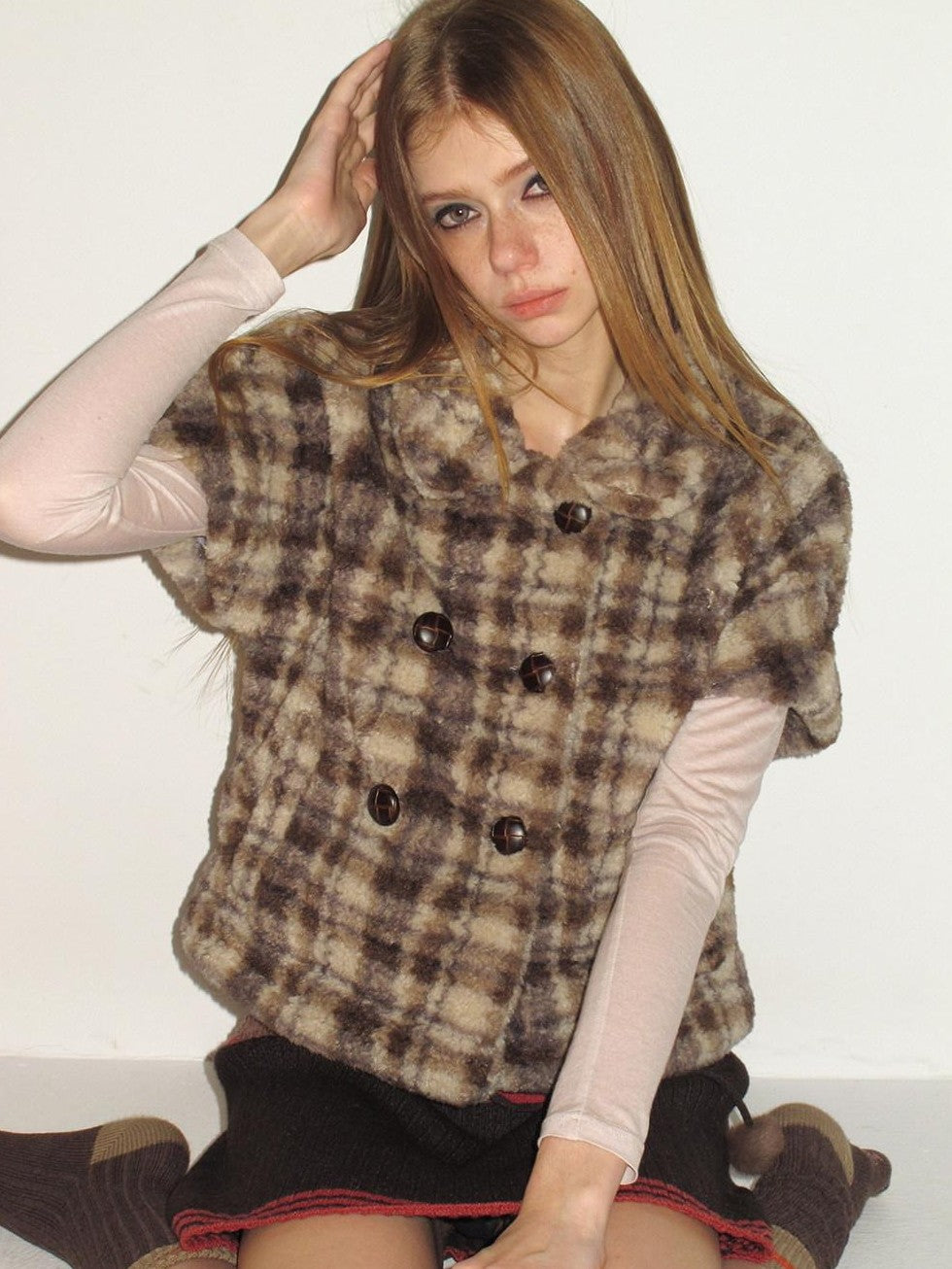 UNIVERSE Vintage Plaid Sherpa Double Breasted Cropped Short Sleeve Women's Vests