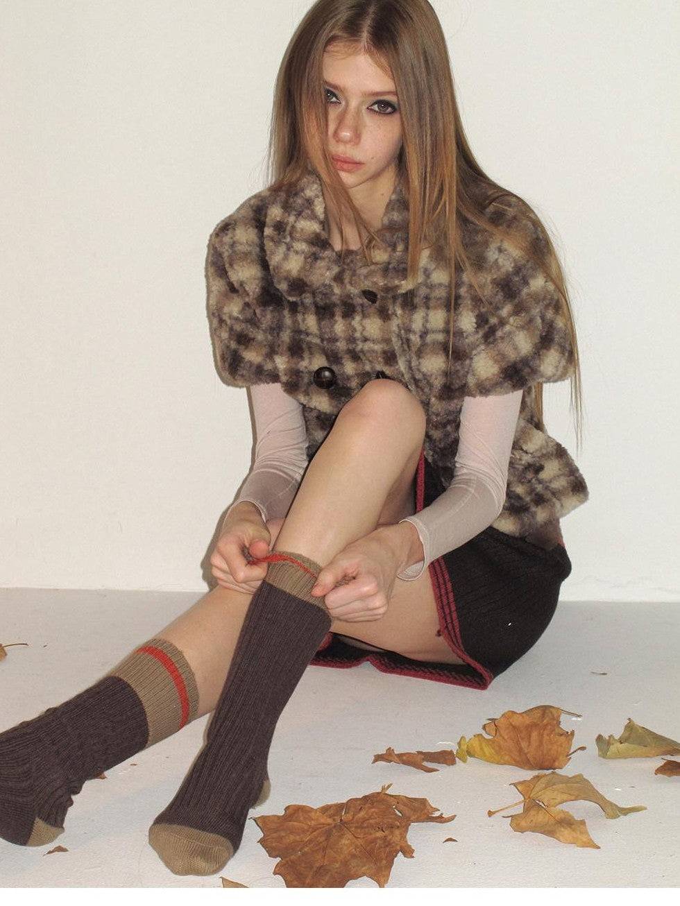 UNIVERSE Vintage Plaid Sherpa Double Breasted Cropped Short Sleeve Women's Vests