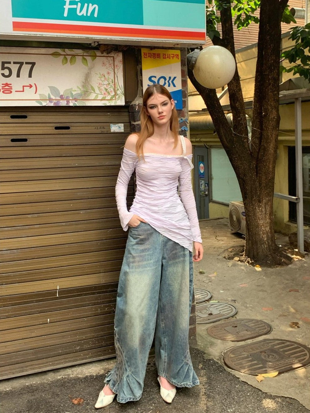 UNIVERSE Vintage Pleated Washed Floor Length Low Rise Women's Cotton Baggy Jeans