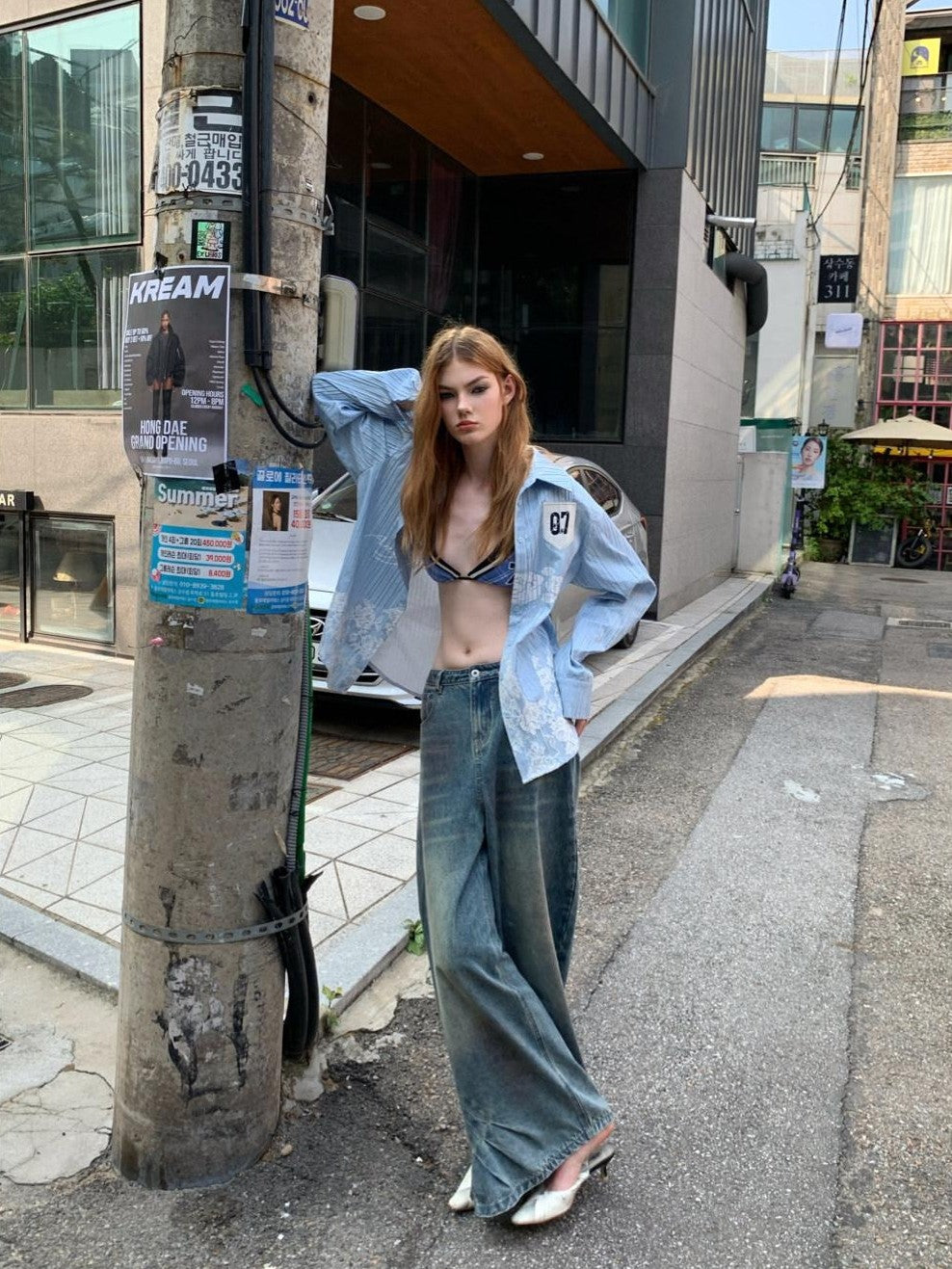 UNIVERSE Vintage Pleated Washed Floor Length Low Rise Women's Cotton Baggy Jeans
