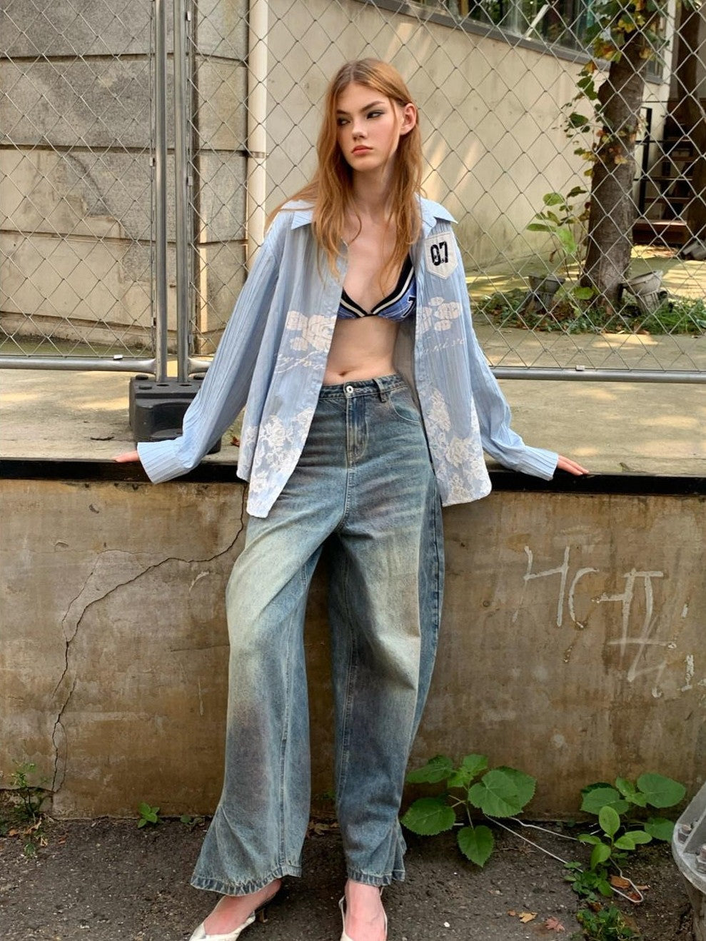 UNIVERSE Vintage Pleated Washed Floor Length Low Rise Women's Cotton Baggy Jeans