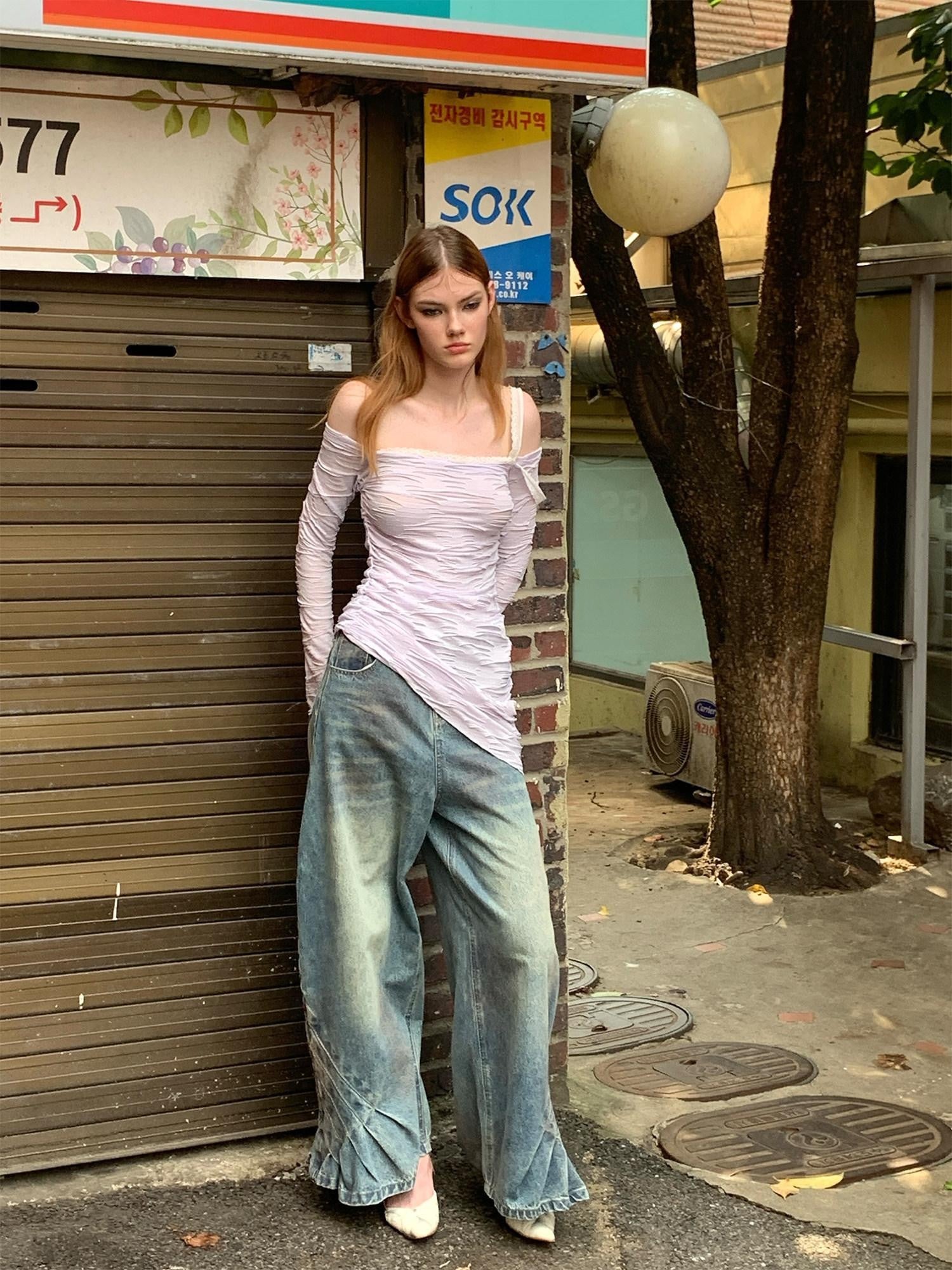 UNIVERSE Vintage Pleated Washed Floor Length Low Rise Women's Cotton Baggy Jeans