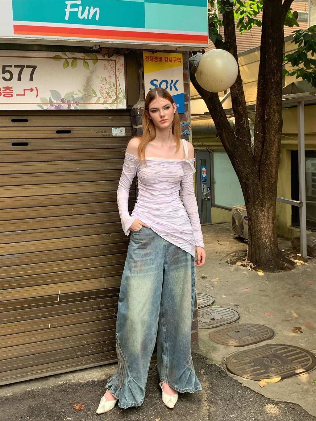 UNIVERSE Vintage Pleated Washed Floor Length Low Rise Women's Cotton Baggy Jeans