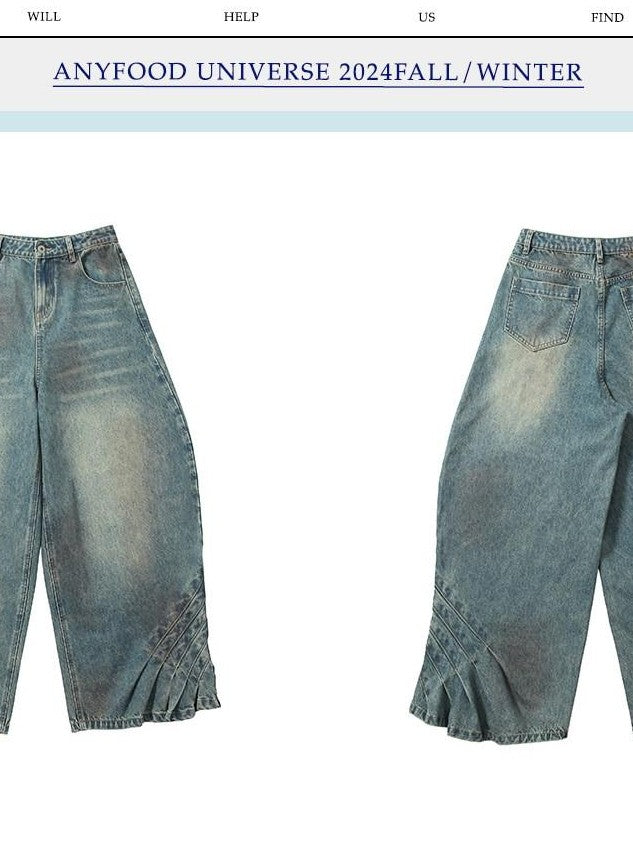 UNIVERSE Vintage Pleated Washed Floor Length Low Rise Women's Cotton Baggy Jeans