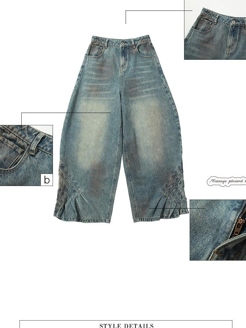 UNIVERSE Vintage Pleated Washed Floor Length Low Rise Women's Cotton Baggy Jeans
