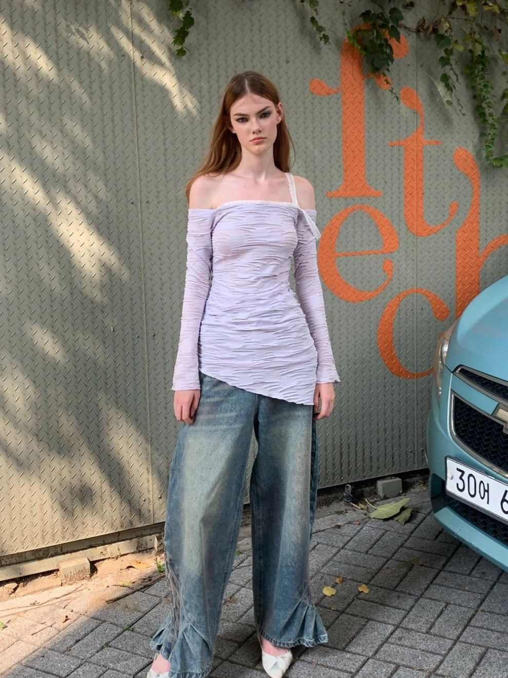 UNIVERSE Vintage Pleated Washed Floor Length Low Rise Women's Cotton Baggy Jeans