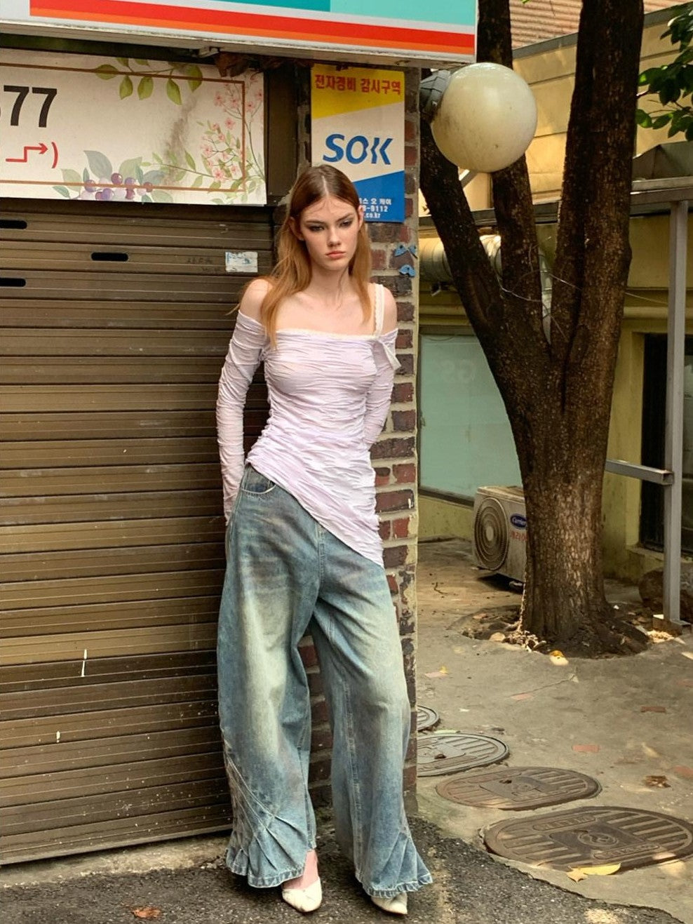 UNIVERSE Vintage Pleated Washed Floor Length Low Rise Women's Cotton Baggy Jeans