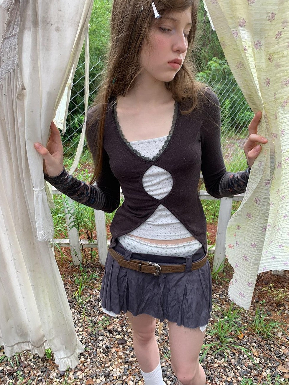 UNIVERSE Vintage Polka Dot Cutout Layered Slim Fit Women's Lyocell Long Sleeve T-shirts