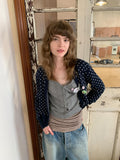 UNIVERSE Vintage Polka Dot Round Neck Button Short Women's Cotton Blend Cardigans