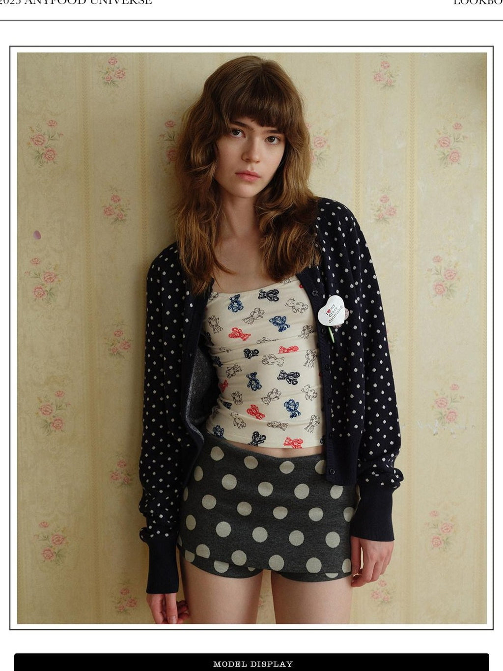 UNIVERSE Vintage Polka Dot Round Neck Cropped Long Sleeve Women's Cotton Blend Cardigans