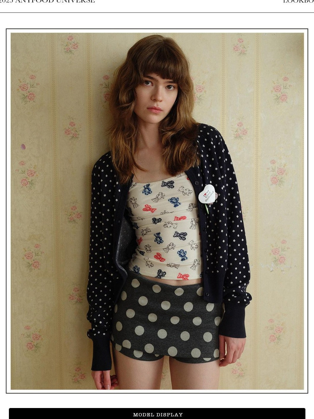 UNIVERSE Vintage Polka Dot Round Neck Cropped Long Sleeve Women's Cotton Blend Cardigans