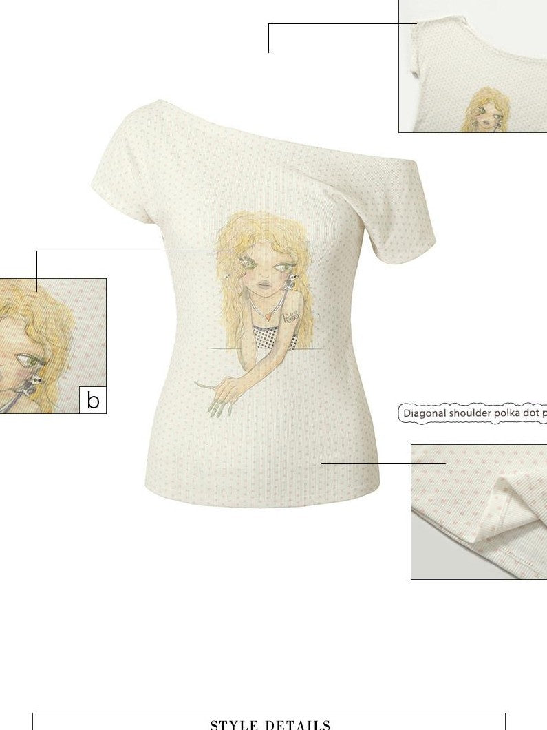 UNIVERSE Vintage Polka Dot Slim Fit One Shoulder Women's Polyester Off-shoulder T-shirts