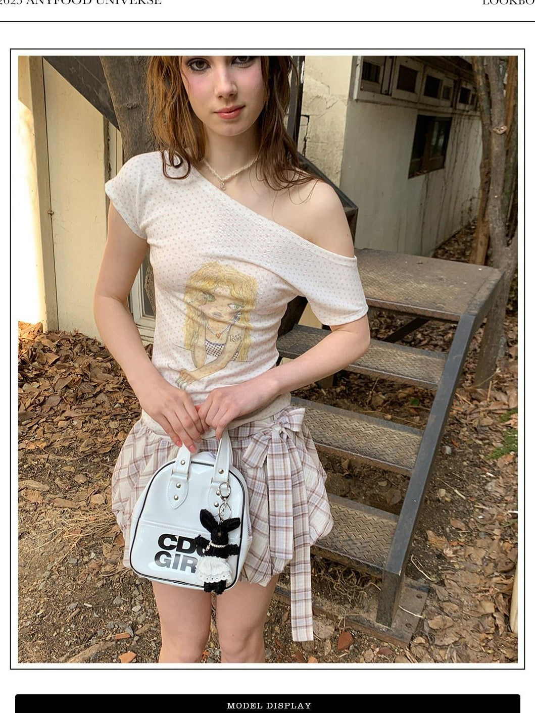 UNIVERSE Vintage Polka Dot Slim Fit One Shoulder Women's Polyester Off-shoulder T-shirts