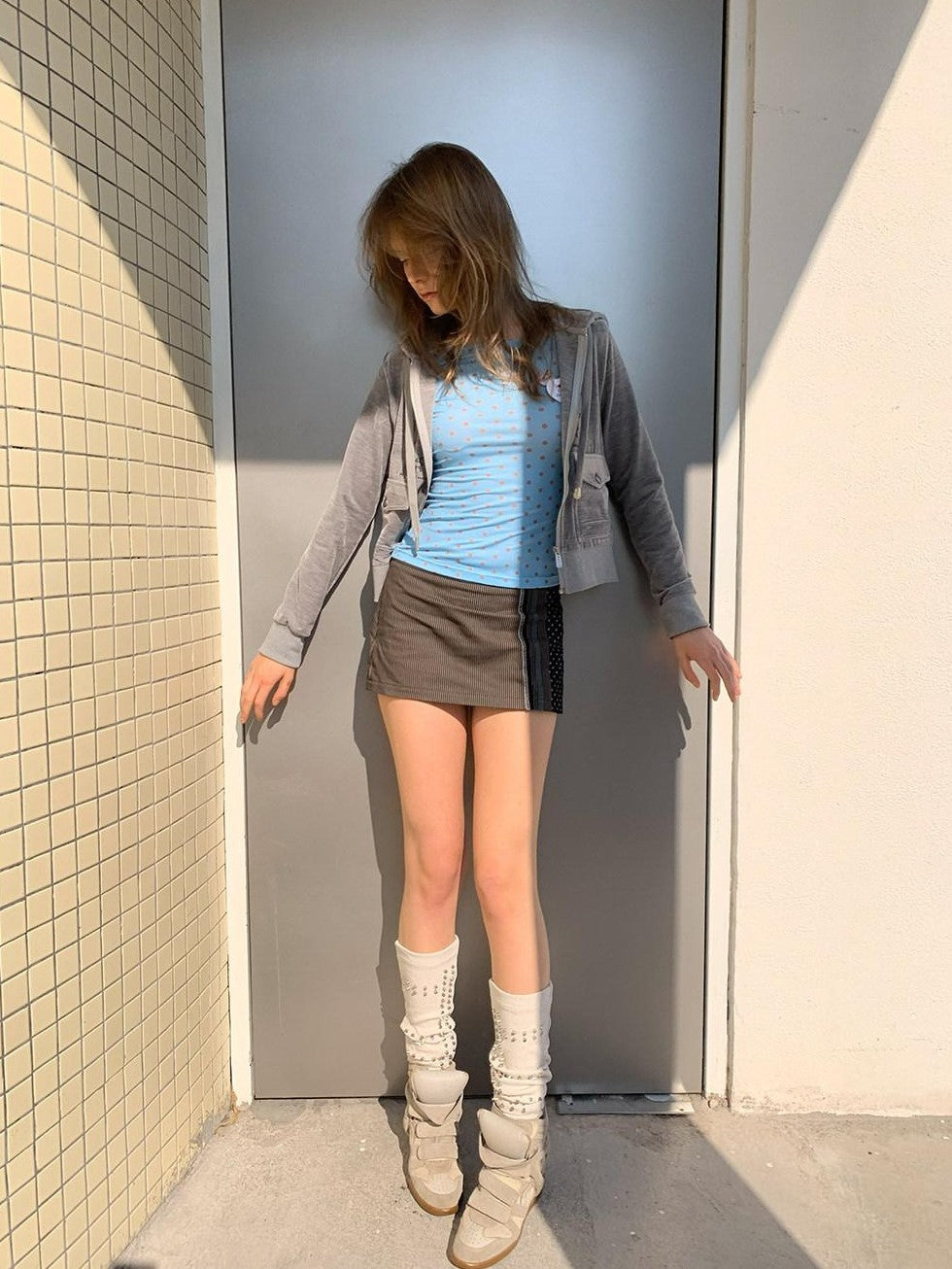 UNIVERSE Vintage Polka Dot Striped Patchwork Asymmetric Women's Cotton Denim Mini Skirts