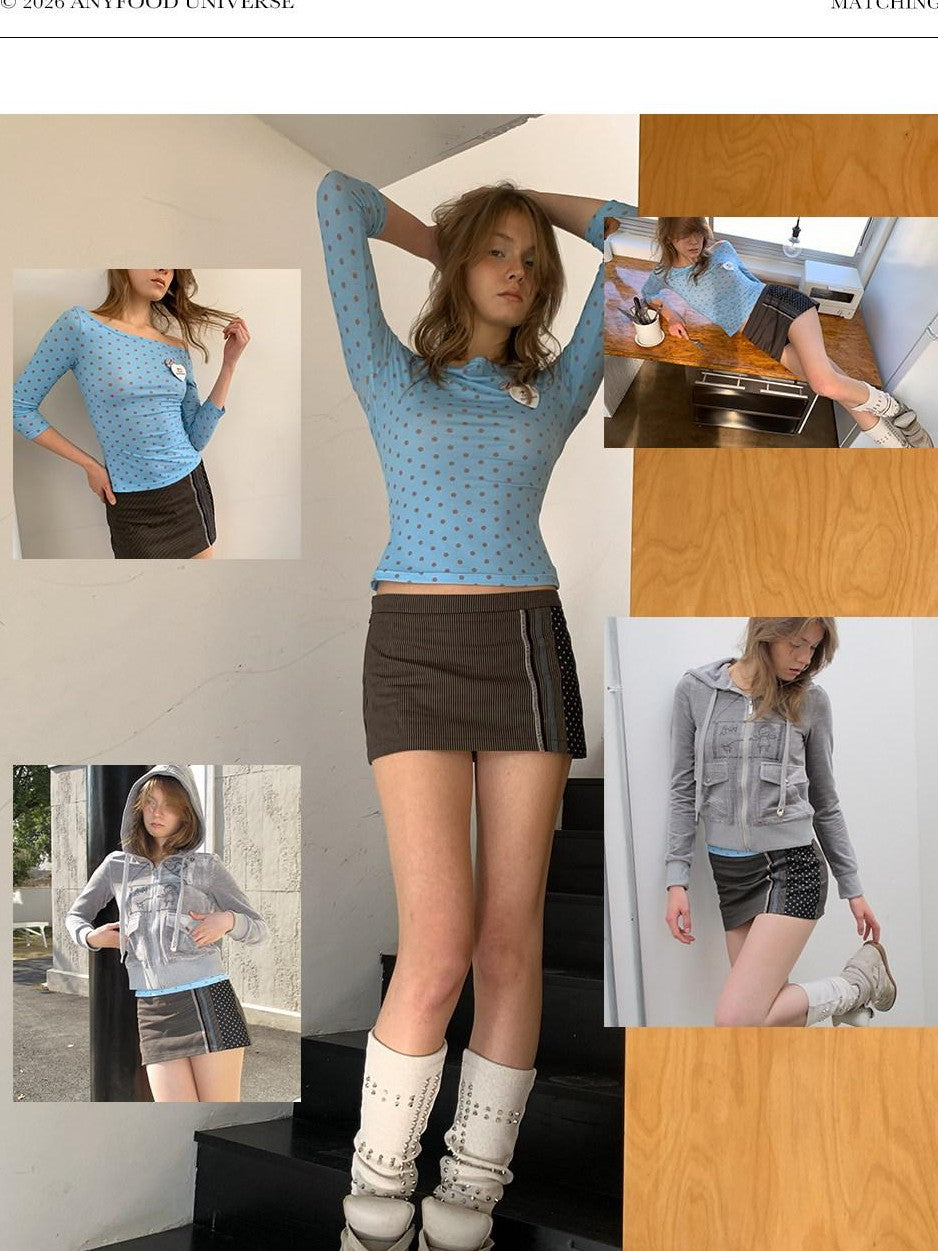 UNIVERSE Vintage Polka Dot Striped Patchwork Asymmetric Women's Cotton Denim Mini Skirts