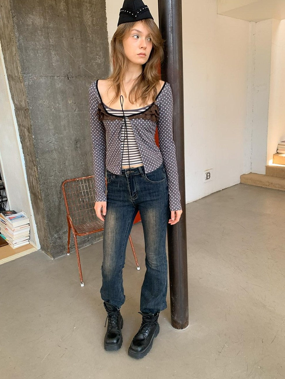 UNIVERSE Vintage Polka Dot Striped Tie Waist Mock Two Piece Women's Long Sleeve T-shirts