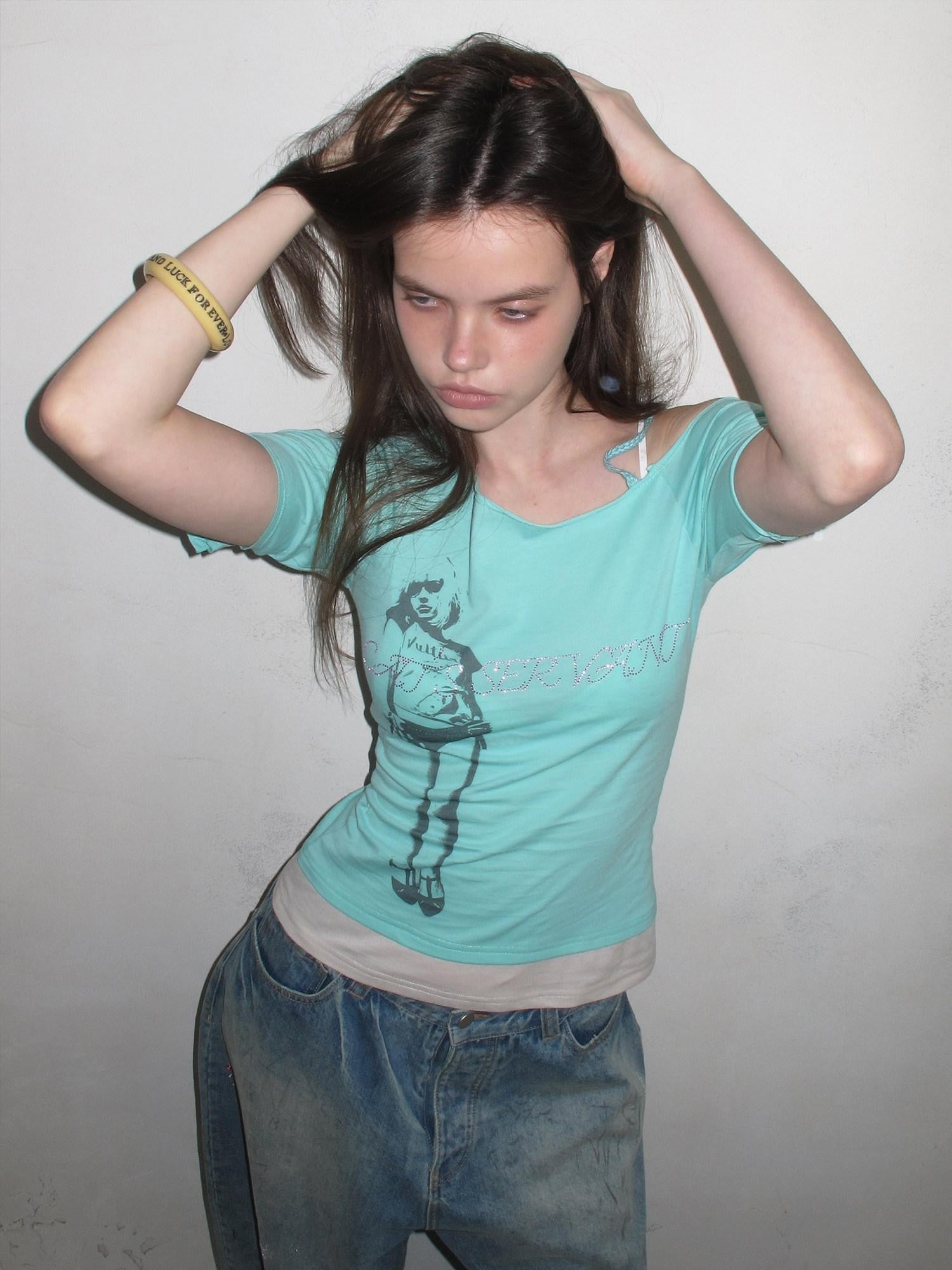 UNIVERSE Vintage Print Asymmetrical Shoulder Women's Cotton Short Sleeve T-shirts