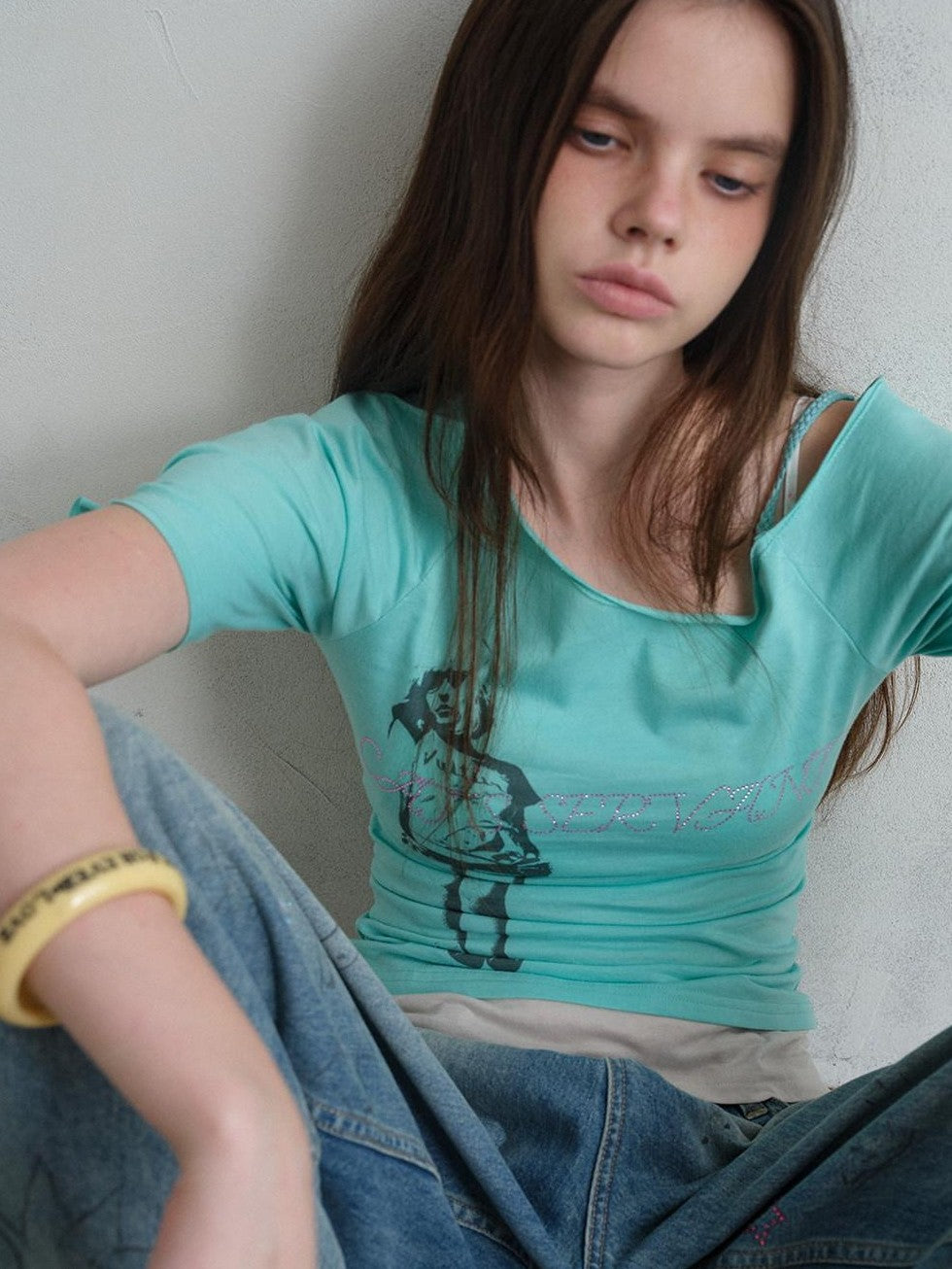 UNIVERSE Vintage Print Asymmetrical Shoulder Women's Cotton Short Sleeve T-shirts