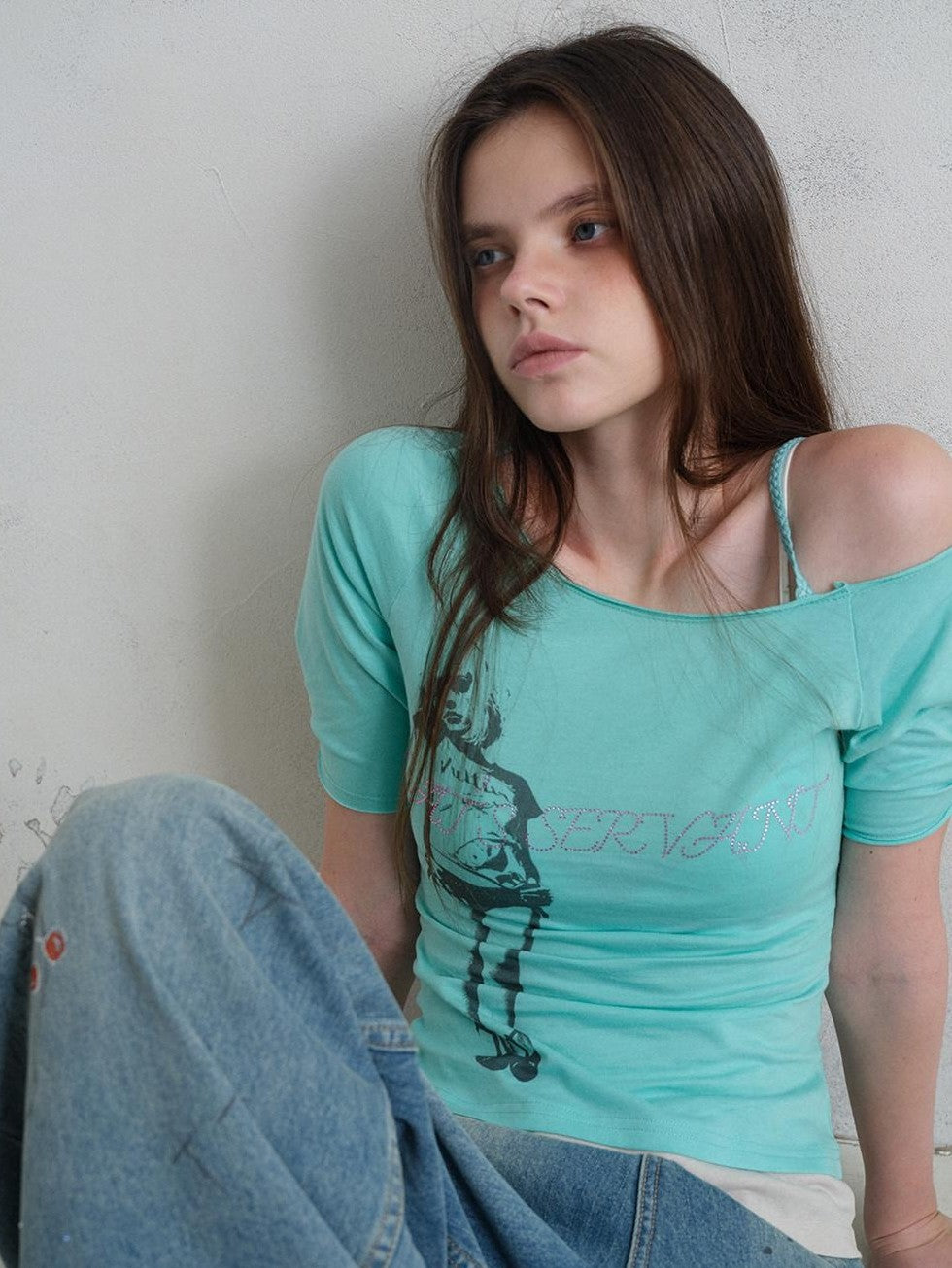 UNIVERSE Vintage Print Asymmetrical Shoulder Women's Cotton Short Sleeve T-shirts