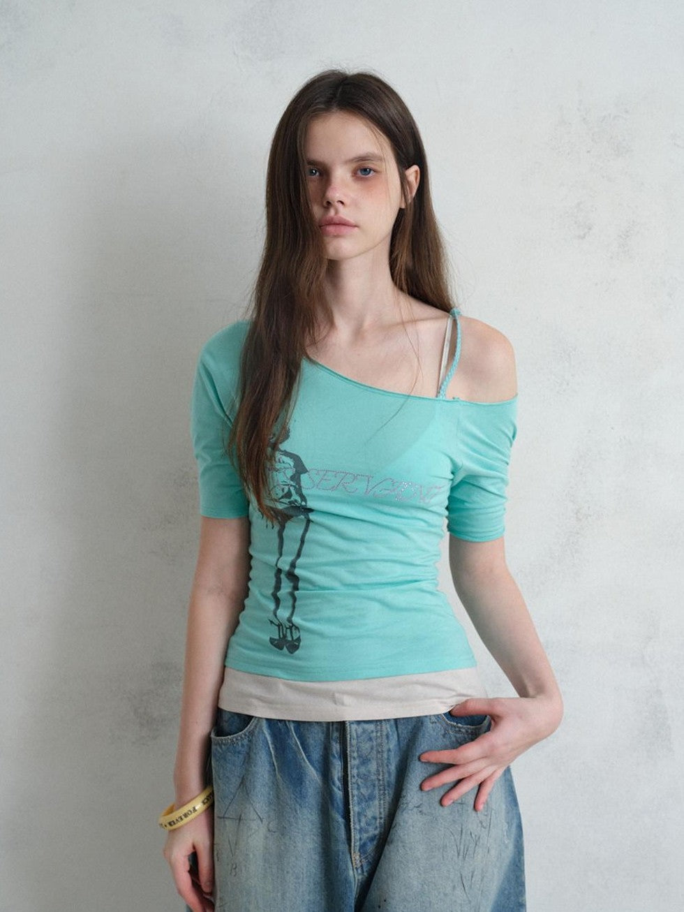 UNIVERSE Vintage Print Asymmetrical Shoulder Women's Cotton Short Sleeve T-shirts