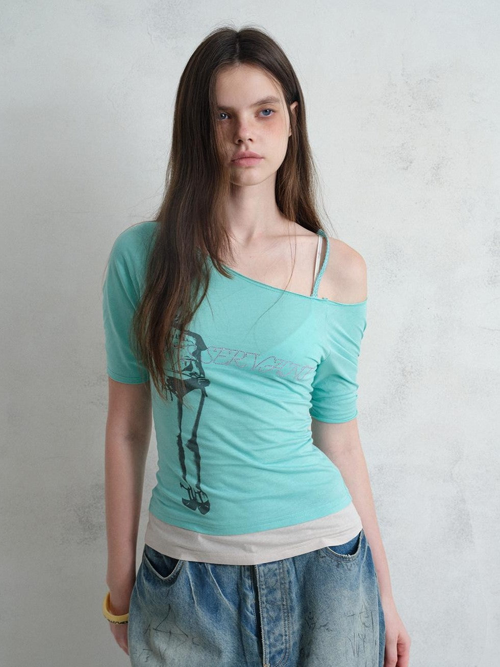 UNIVERSE Vintage Print Asymmetrical Shoulder Women's Cotton Short Sleeve T-shirts