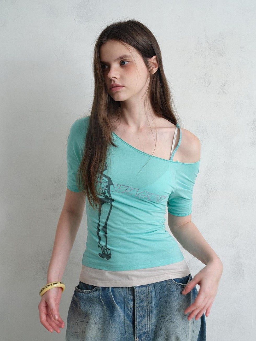 UNIVERSE Vintage Print Asymmetrical Shoulder Women's Cotton Short Sleeve T-shirts