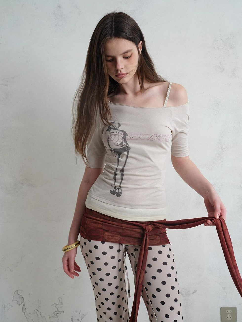 UNIVERSE Vintage Print Asymmetrical Shoulder Women's Cotton Short Sleeve T-shirts