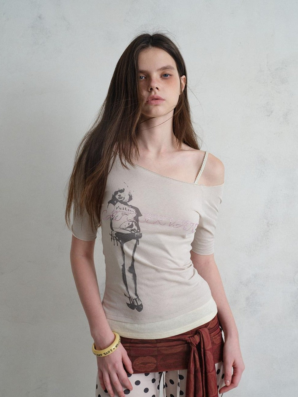 UNIVERSE Vintage Print Asymmetrical Shoulder Women's Cotton Short Sleeve T-shirts