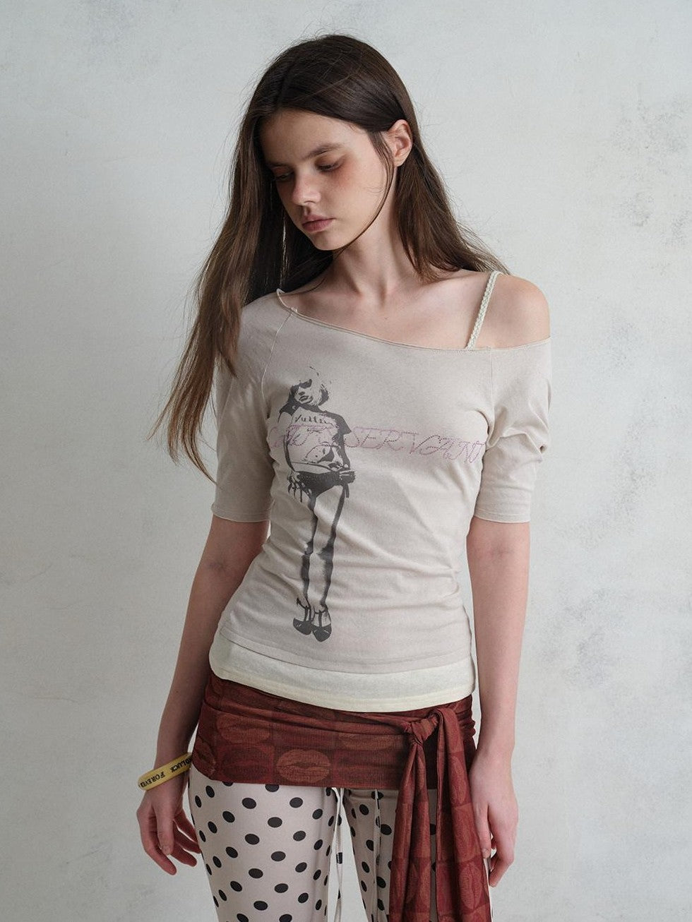 UNIVERSE Vintage Print Asymmetrical Shoulder Women's Cotton Short Sleeve T-shirts