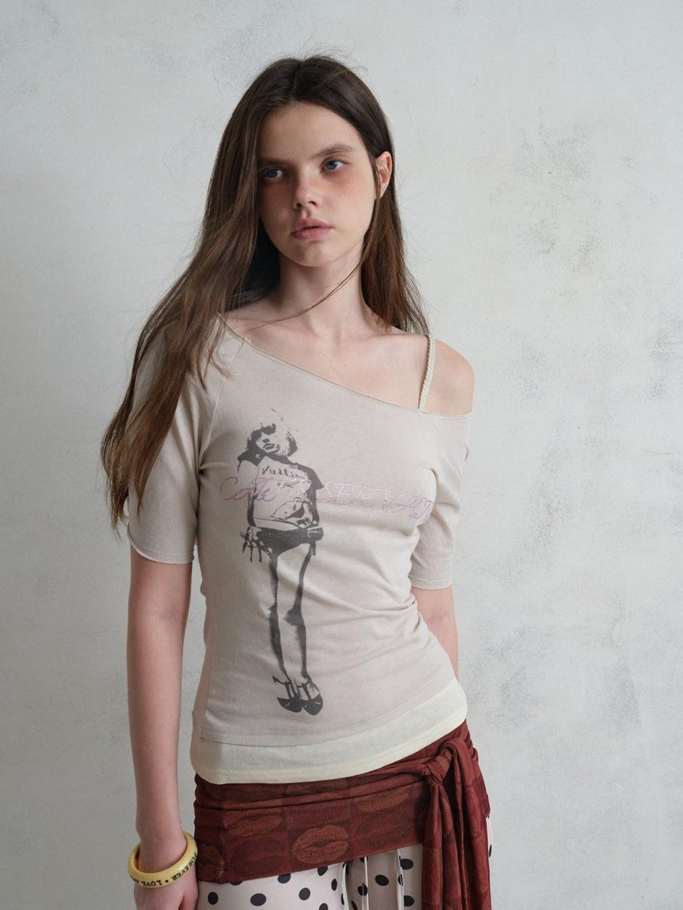 UNIVERSE Vintage Print Asymmetrical Shoulder Women's Cotton Short Sleeve T-shirts