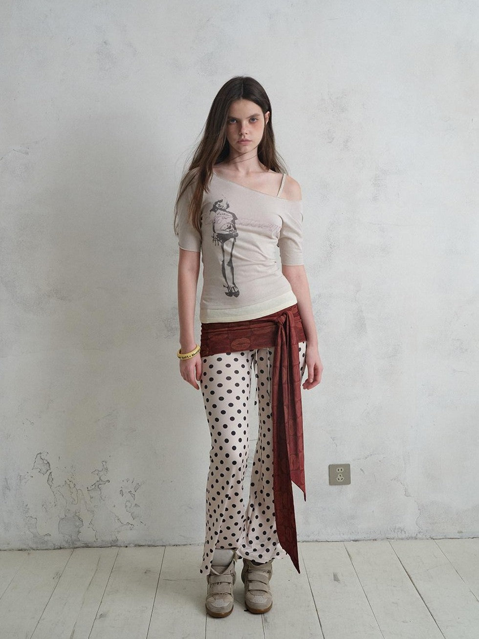 UNIVERSE Vintage Print Asymmetrical Shoulder Women's Cotton Short Sleeve T-shirts