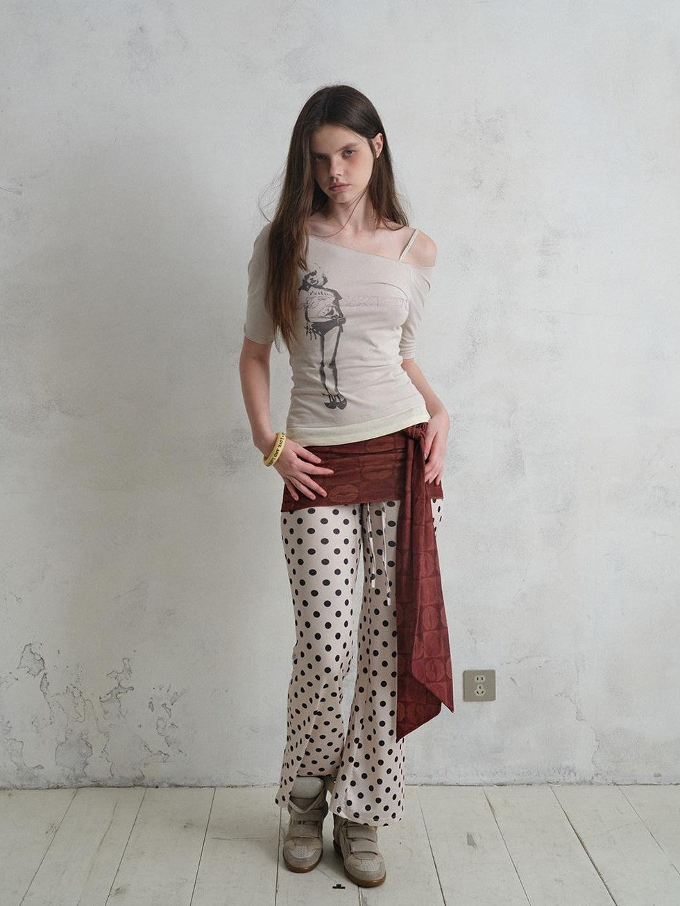UNIVERSE Vintage Print Asymmetrical Shoulder Women's Cotton Short Sleeve T-shirts