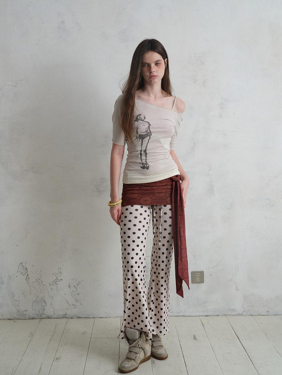 UNIVERSE Vintage Print Asymmetrical Shoulder Women's Cotton Short Sleeve T-shirts