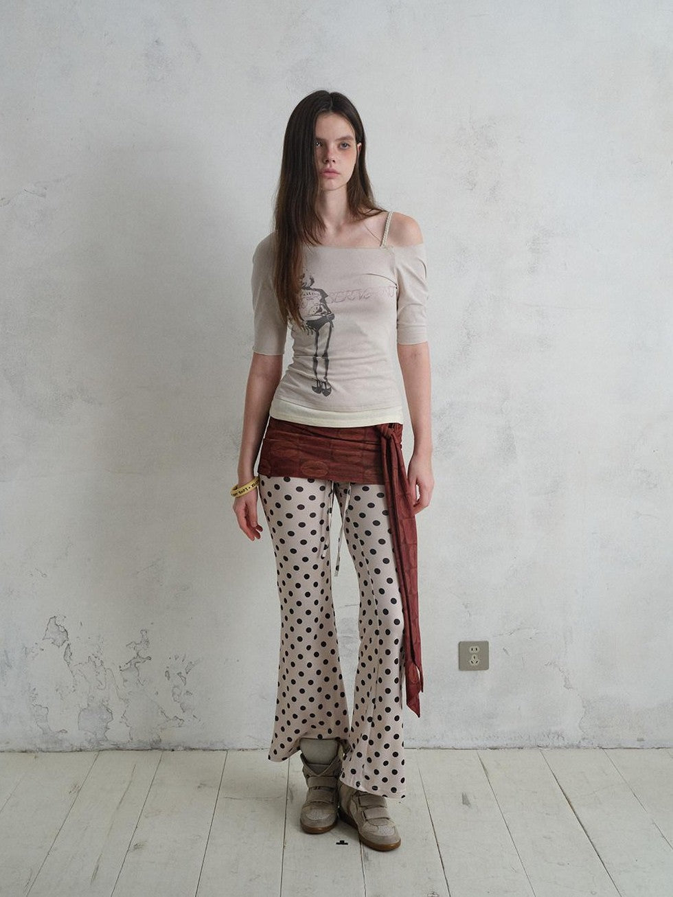 UNIVERSE Vintage Print Asymmetrical Shoulder Women's Cotton Short Sleeve T-shirts