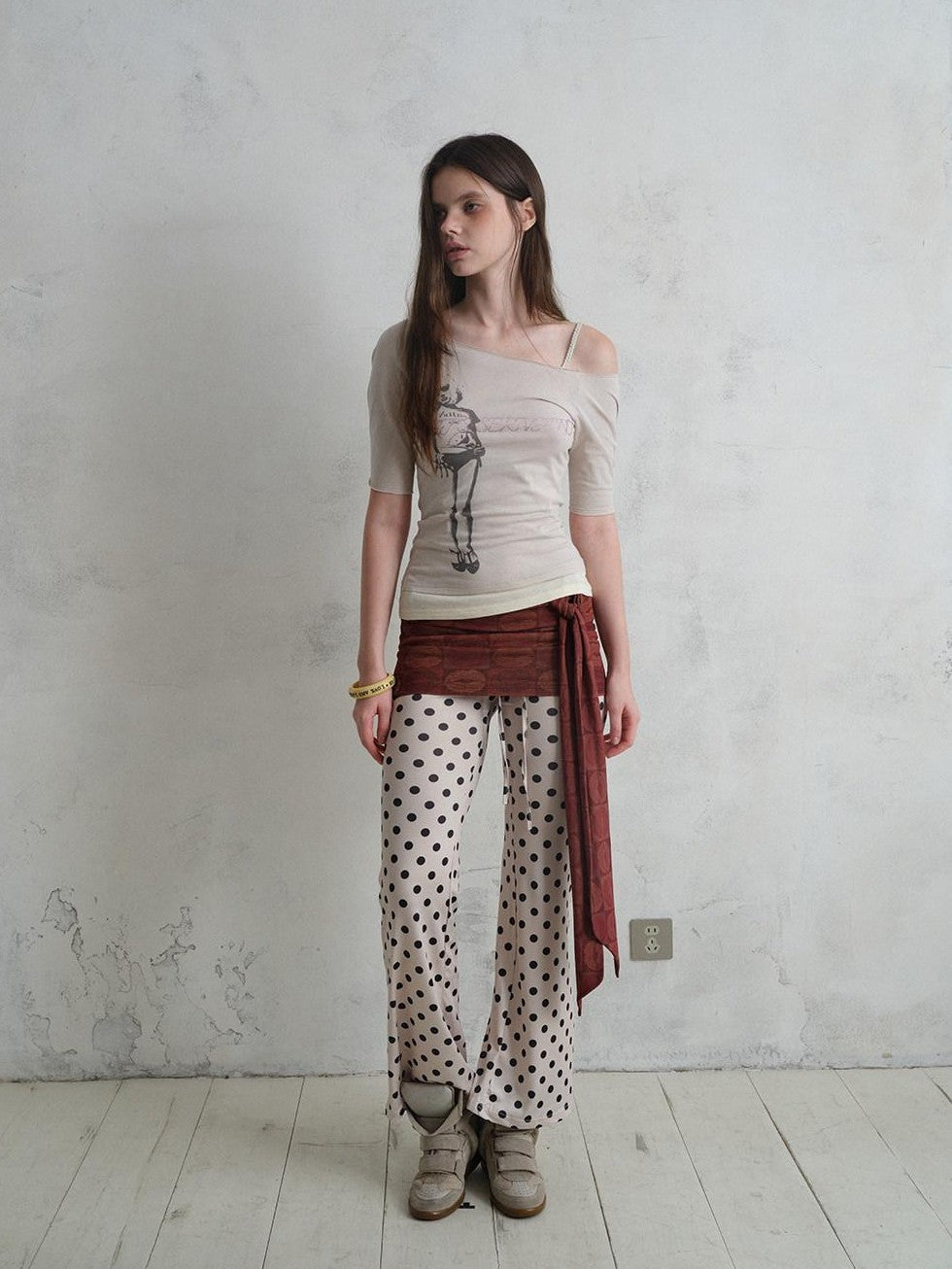 UNIVERSE Vintage Print Asymmetrical Shoulder Women's Cotton Short Sleeve T-shirts