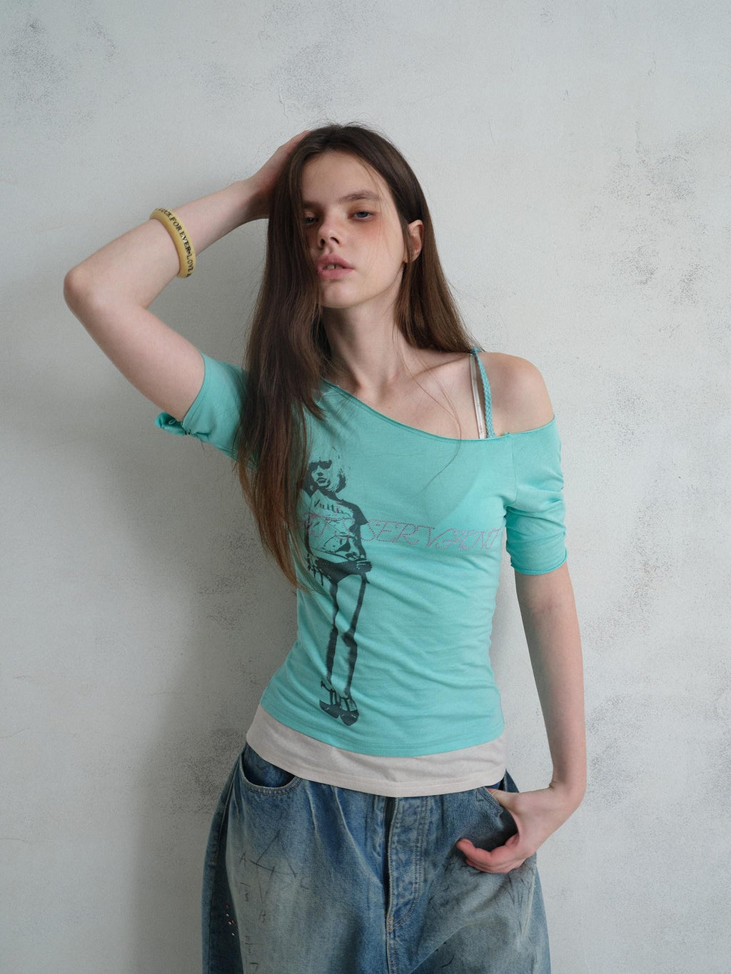 UNIVERSE Vintage Print Asymmetrical Shoulder Women's Cotton Short Sleeve T-shirts
