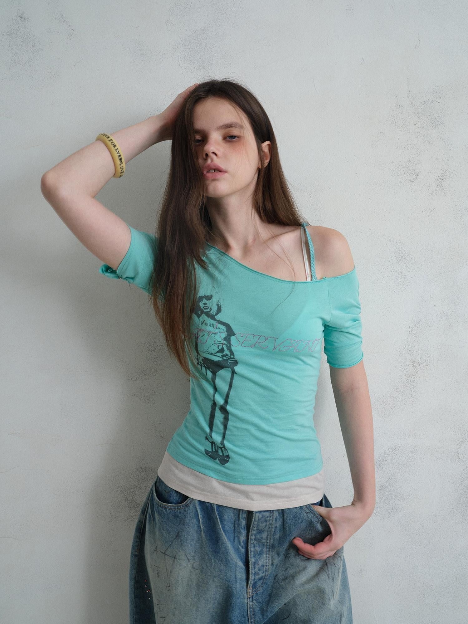 UNIVERSE Vintage Print Asymmetrical Shoulder Women's Cotton Short Sleeve T-shirts