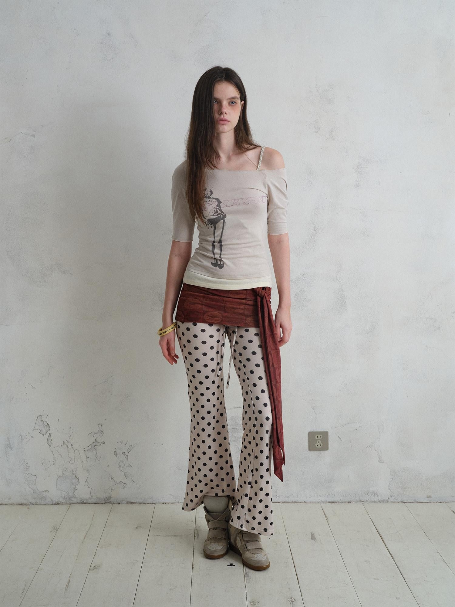 UNIVERSE Vintage Print Asymmetrical Shoulder Women's Cotton Short Sleeve T-shirts
