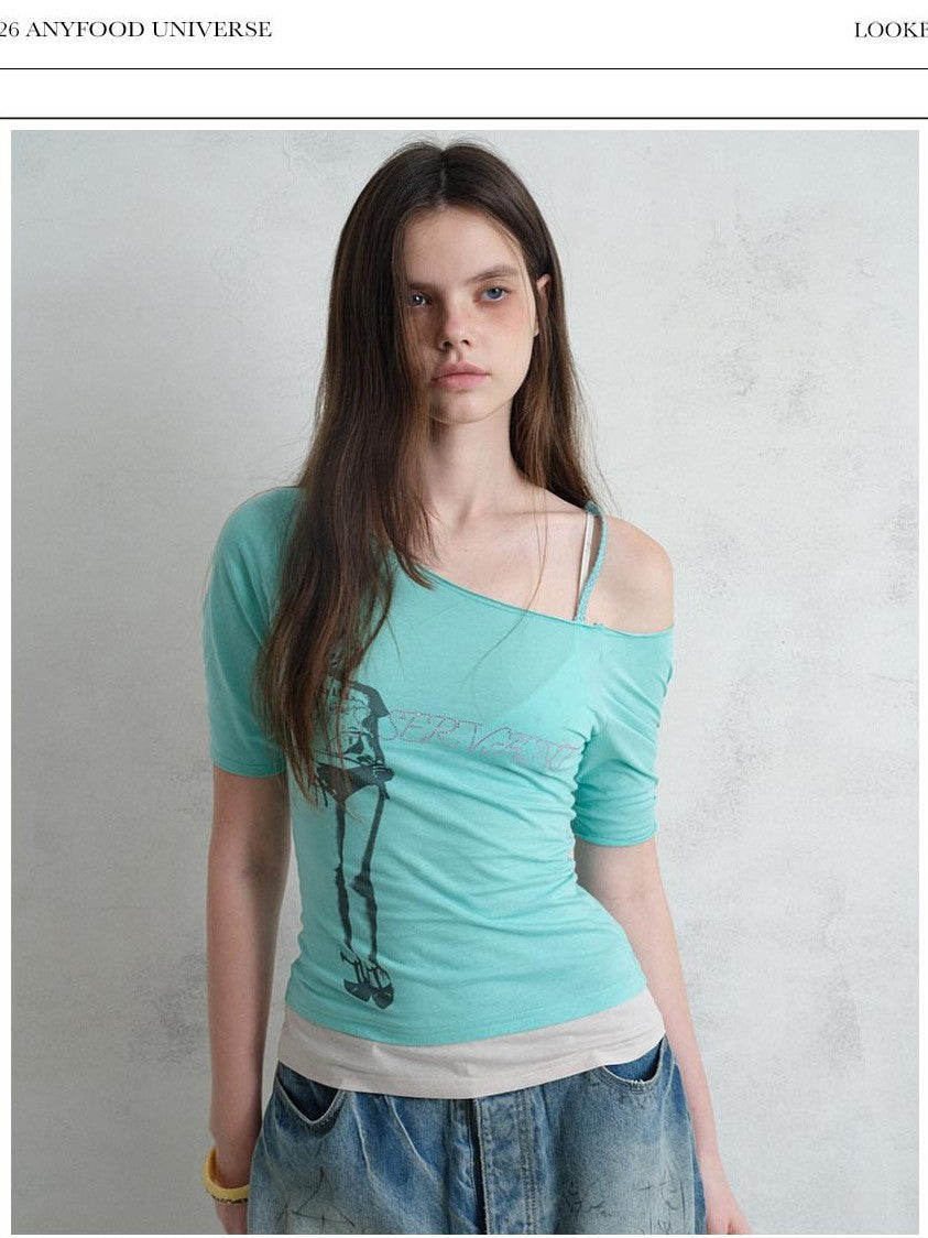 UNIVERSE Vintage Print Asymmetrical Shoulder Women's Cotton Short Sleeve T-shirts