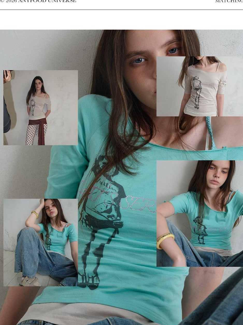 UNIVERSE Vintage Print Asymmetrical Shoulder Women's Cotton Short Sleeve T-shirts