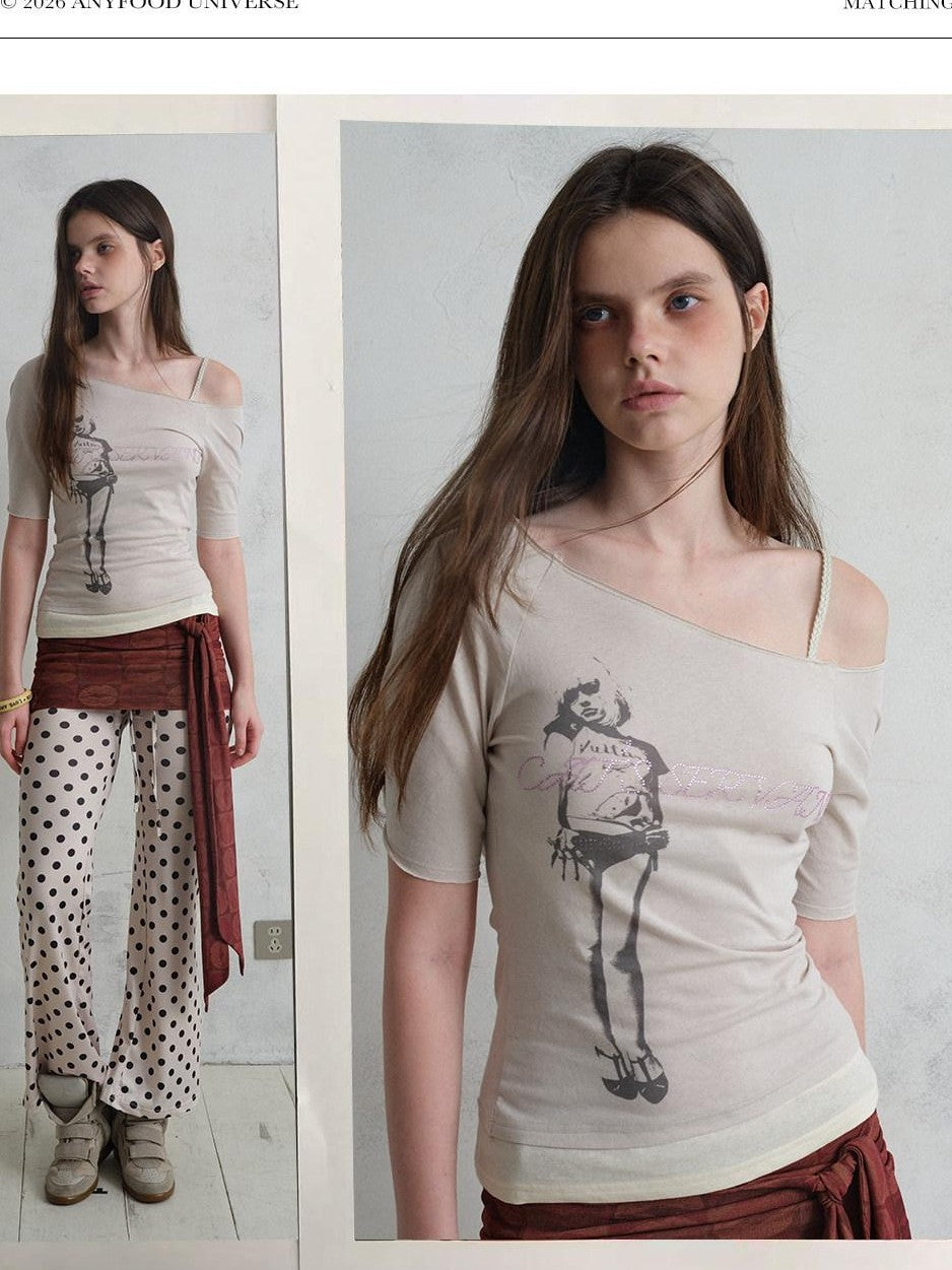 UNIVERSE Vintage Print Asymmetrical Shoulder Women's Cotton Short Sleeve T-shirts
