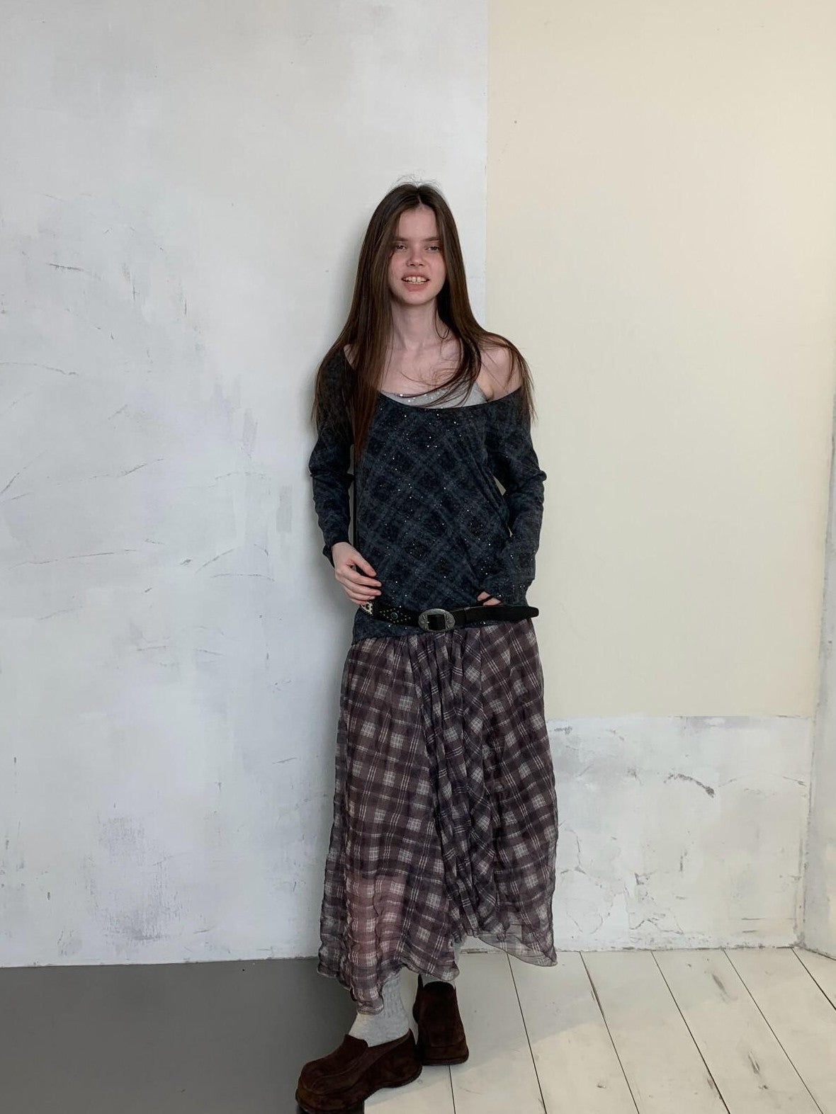 UNIVERSE Vintage Purple Plaid Pleated Irregular Hem Women's Polyester Maxi Skirts