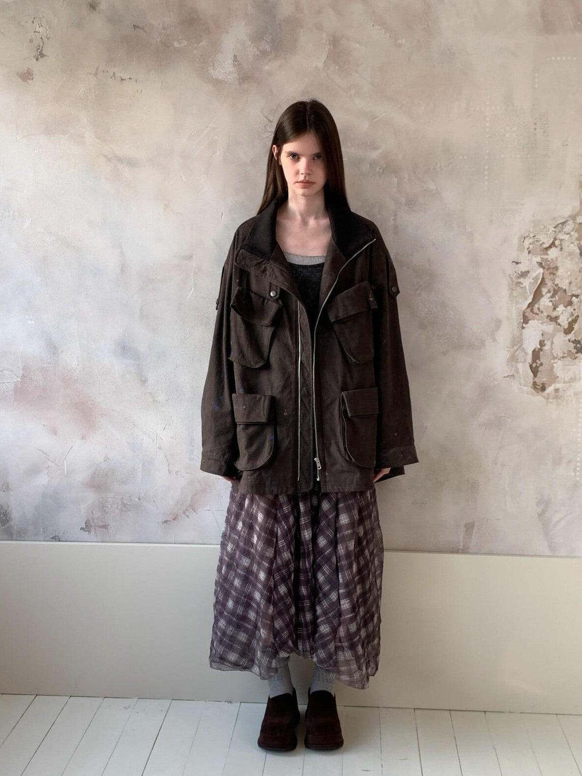 UNIVERSE Vintage Purple Plaid Pleated Irregular Hem Women's Polyester Maxi Skirts