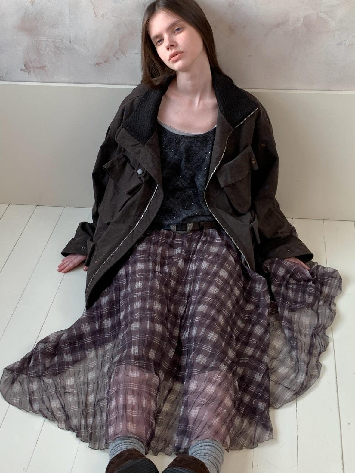 UNIVERSE Vintage Purple Plaid Pleated Irregular Hem Women's Polyester Maxi Skirts