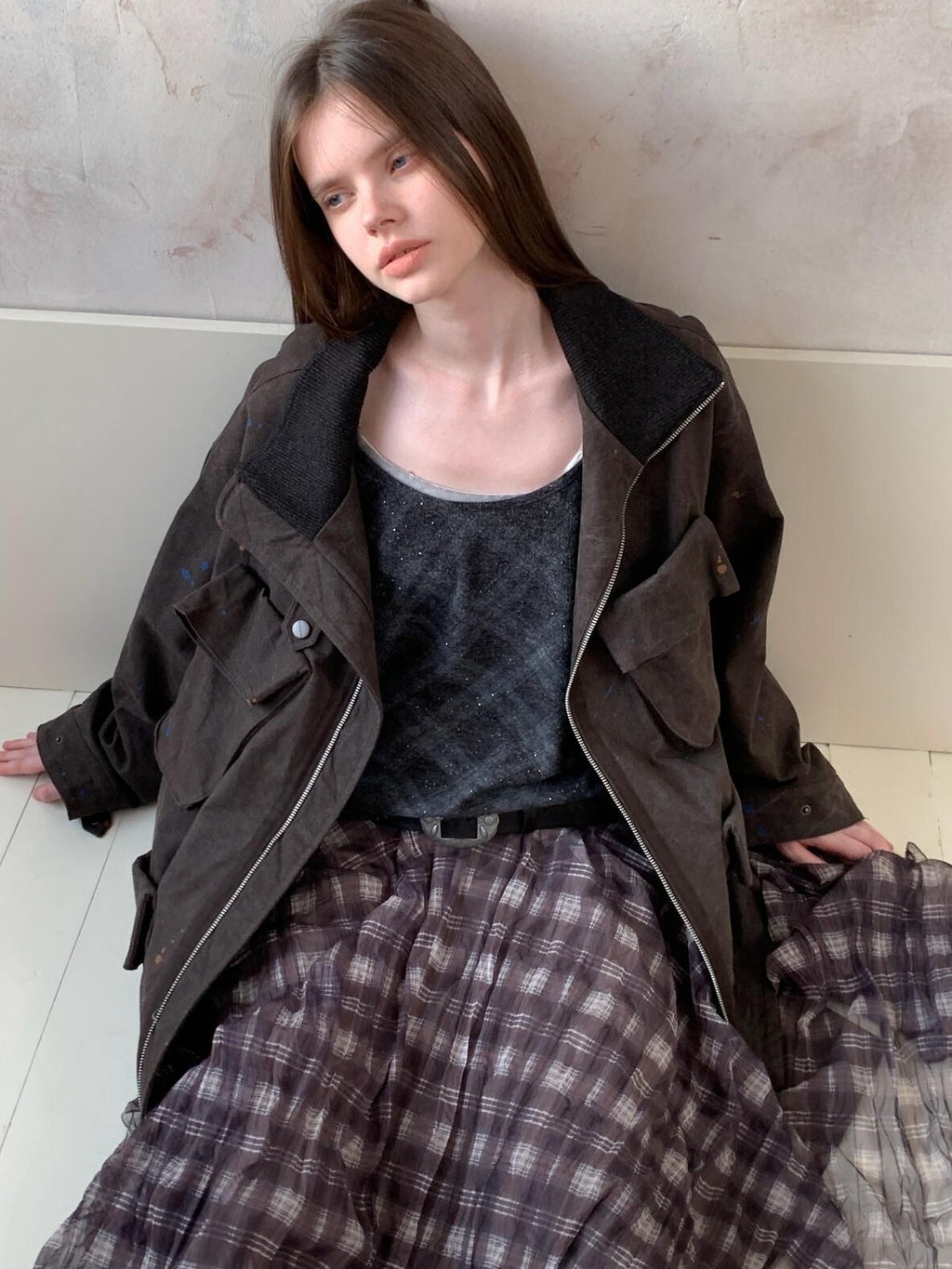 UNIVERSE Vintage Purple Plaid Pleated Irregular Hem Women's Polyester Maxi Skirts
