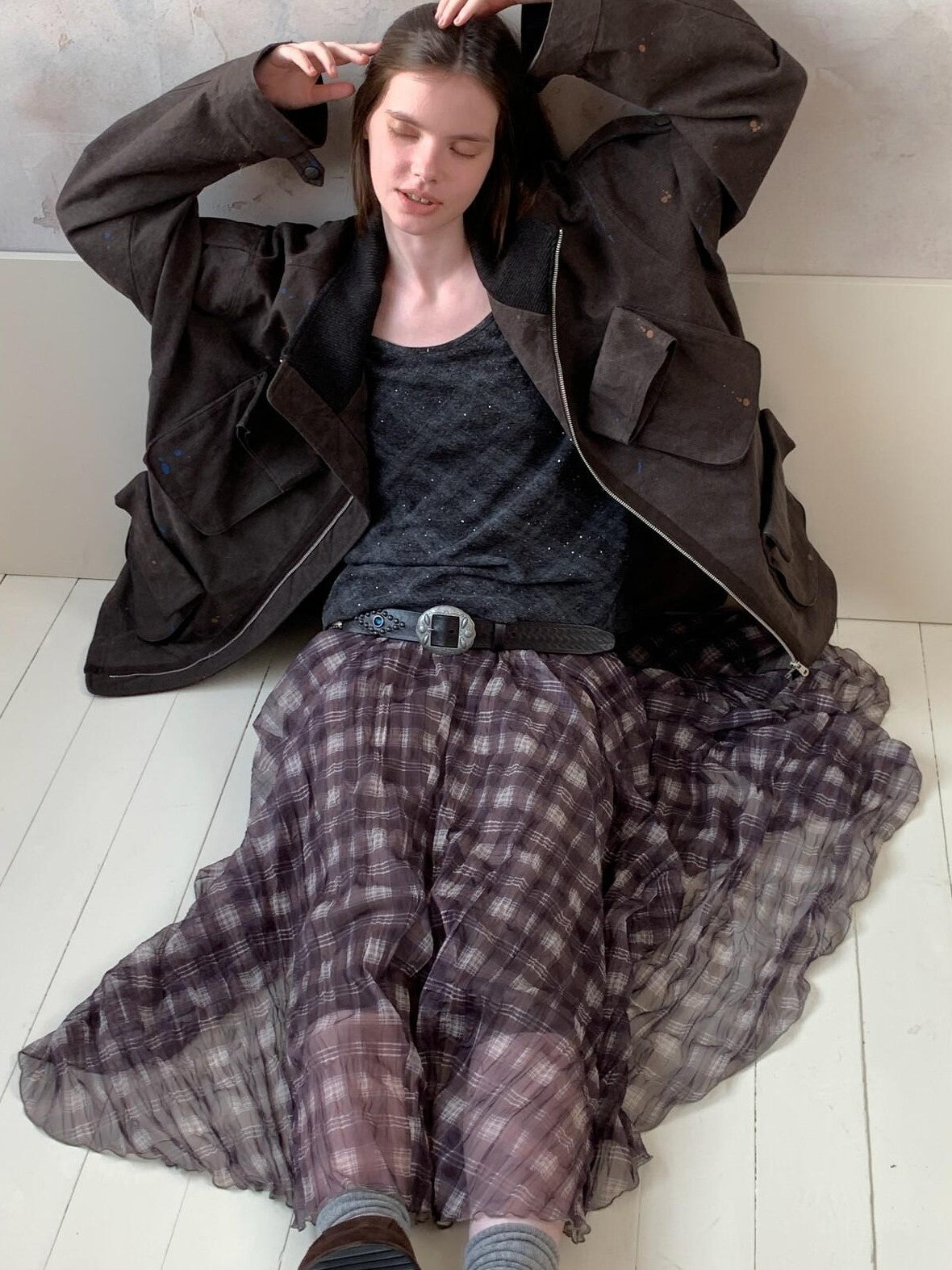 UNIVERSE Vintage Purple Plaid Pleated Irregular Hem Women's Polyester Maxi Skirts